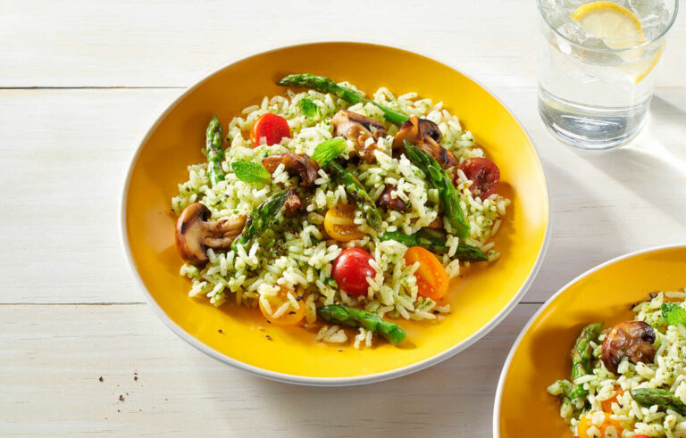 Lemon Mint Pesto Rice Salad with Grilled Asparagus and Mushrooms