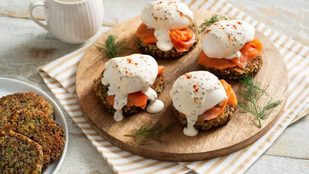 salmon cake benedict with quinoa and eggs