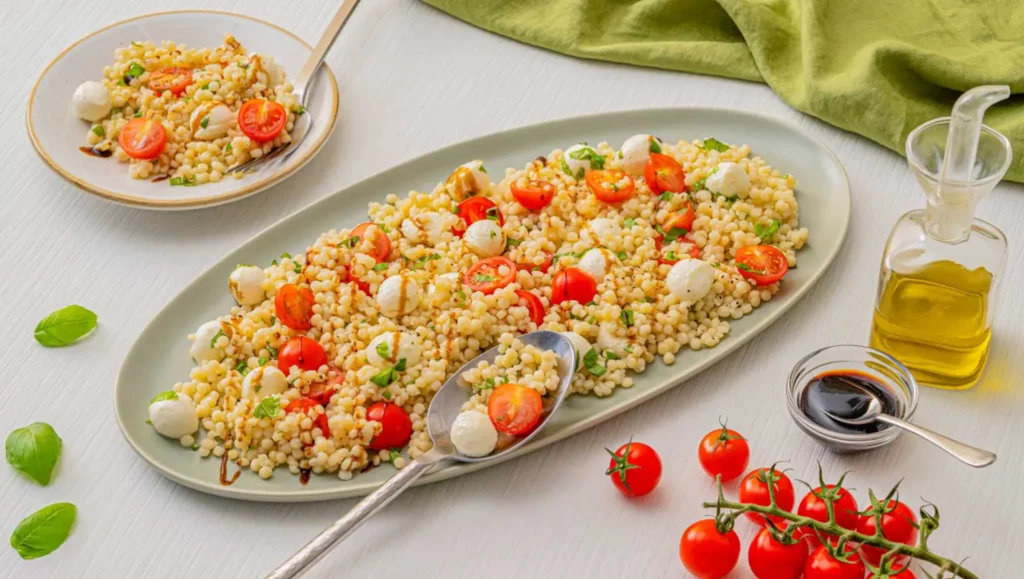 cherry tomato caprese pearl couscous salad